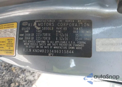 2009 Kia Sedona Lx z USA, uszkodzony, nr VIN KNDMB233496315844